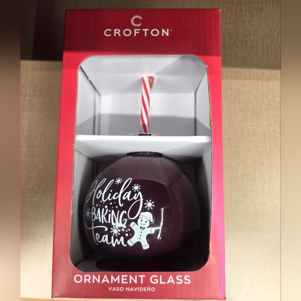 Crofton Holiday Baking Team Glass Ornament Ball Cup Glass w/ Straw NEW Box